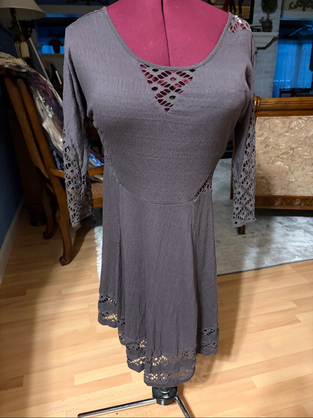 Free People Gray Lace-Inset Fit & Flare Dress